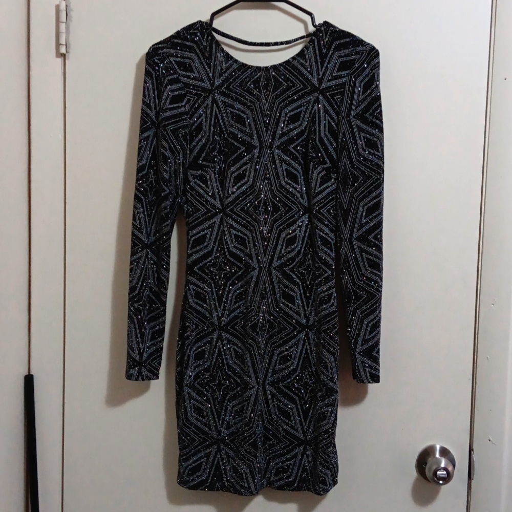 NWOT! Crystal Doll Sparkling Black Long Sleeve Open Back Mini Bodycon Dress!